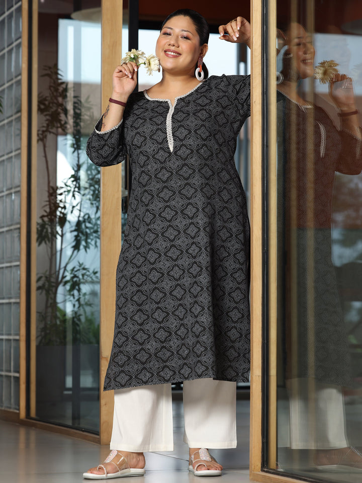 Plus Size Black Printed Cotton Straight Kurta