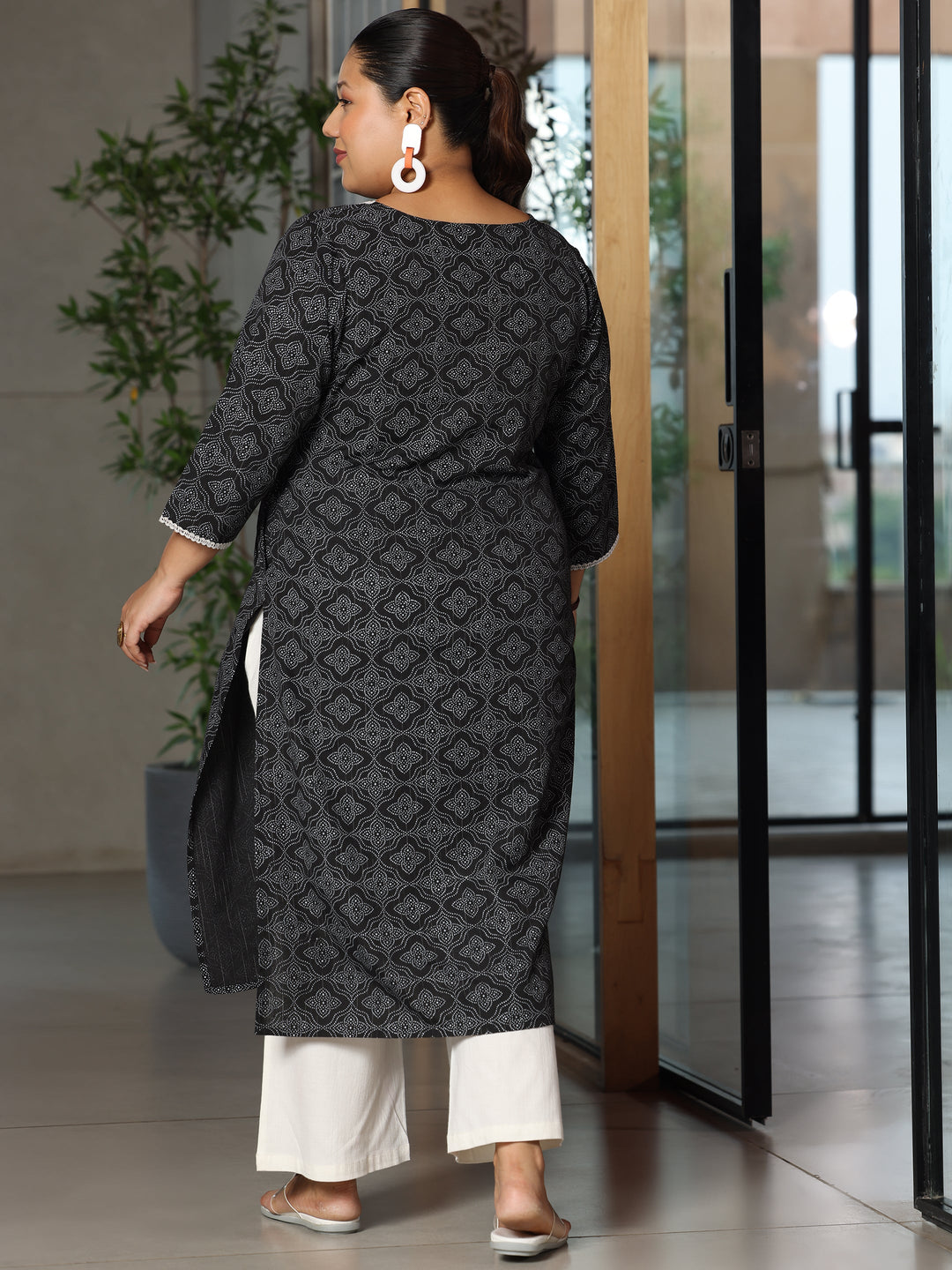 Plus Size Black Printed Cotton Straight Kurta