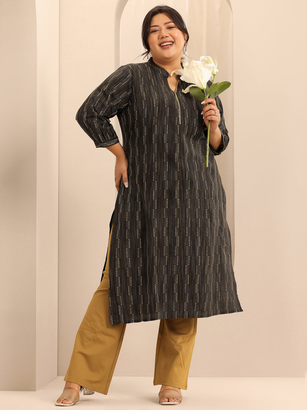 Plus Size Black Woven Design Cotton Straight Kurta