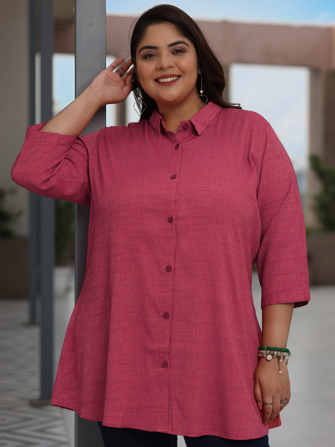 Plus Size Coral Solid Rayon Straight Kurti