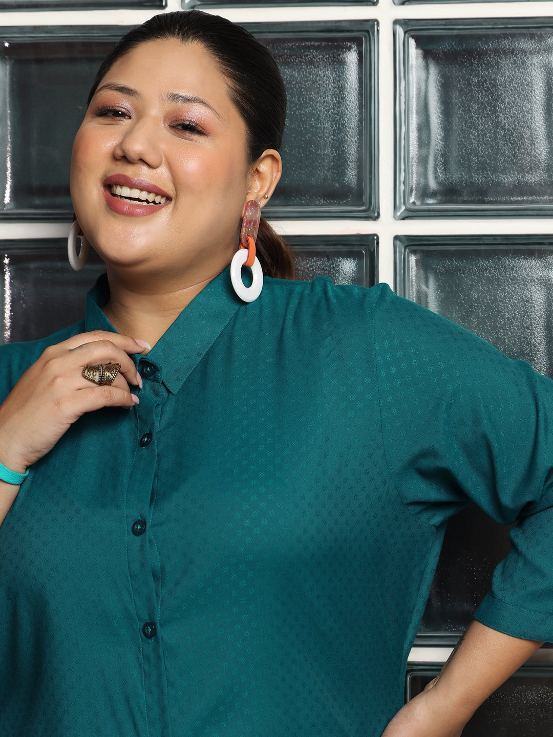 Plus Size Teal Woven Design Straight Rayon Kurti