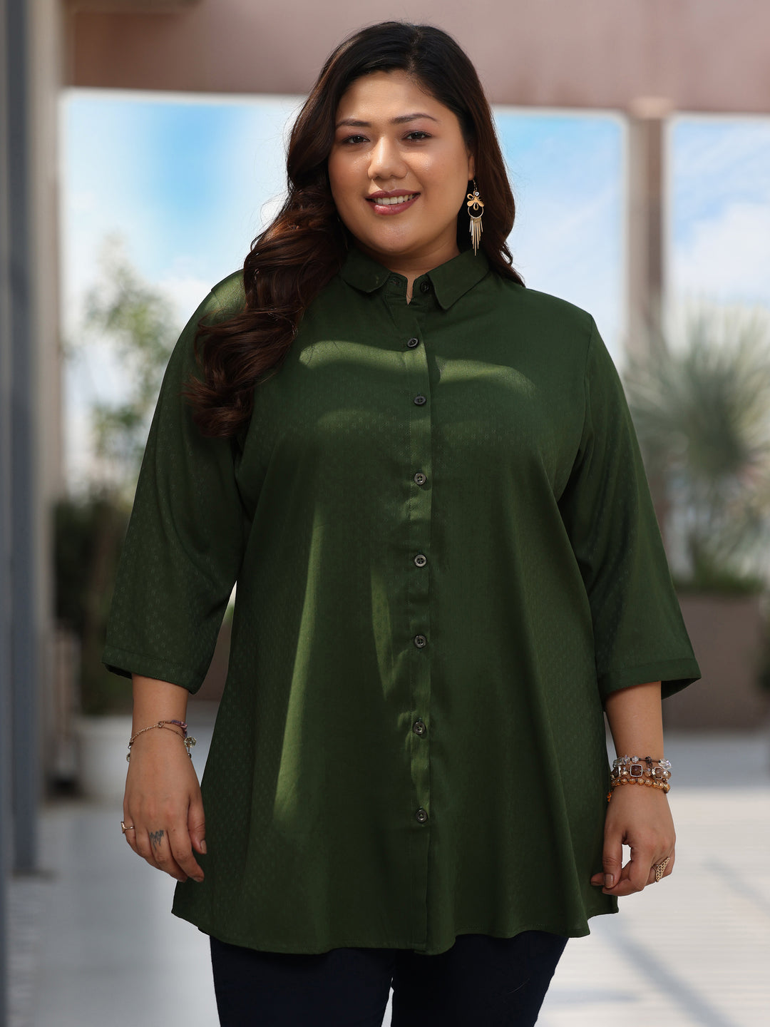 Plus Size Green Solid Rayon Straight Kurti