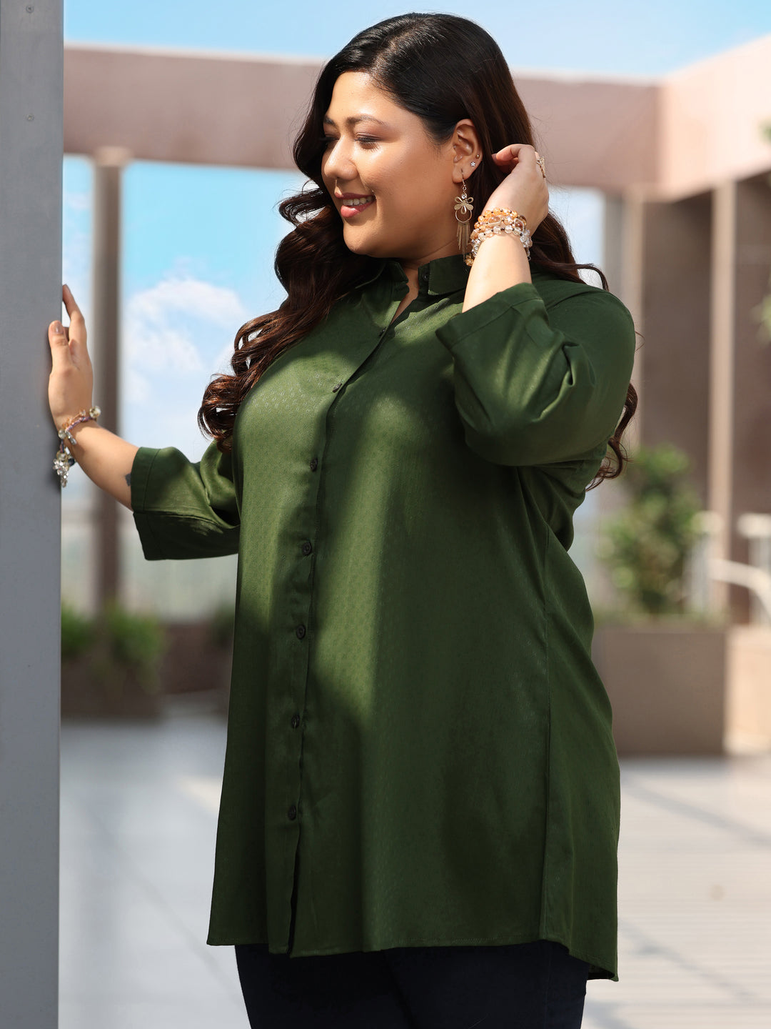 Plus Size Green Solid Rayon Straight Kurti