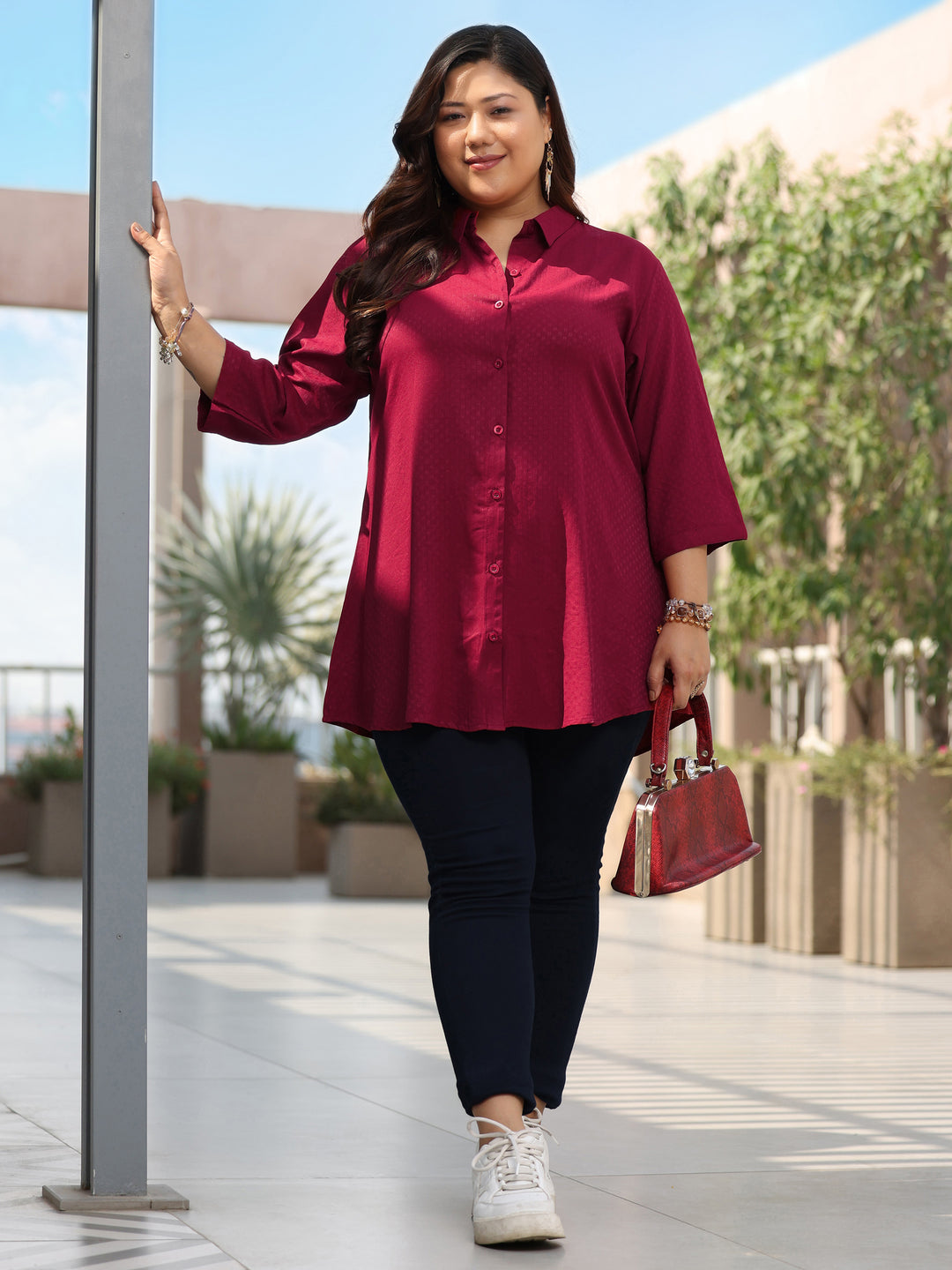 Plus Size Maroon Solid Rayon Straight Kurti