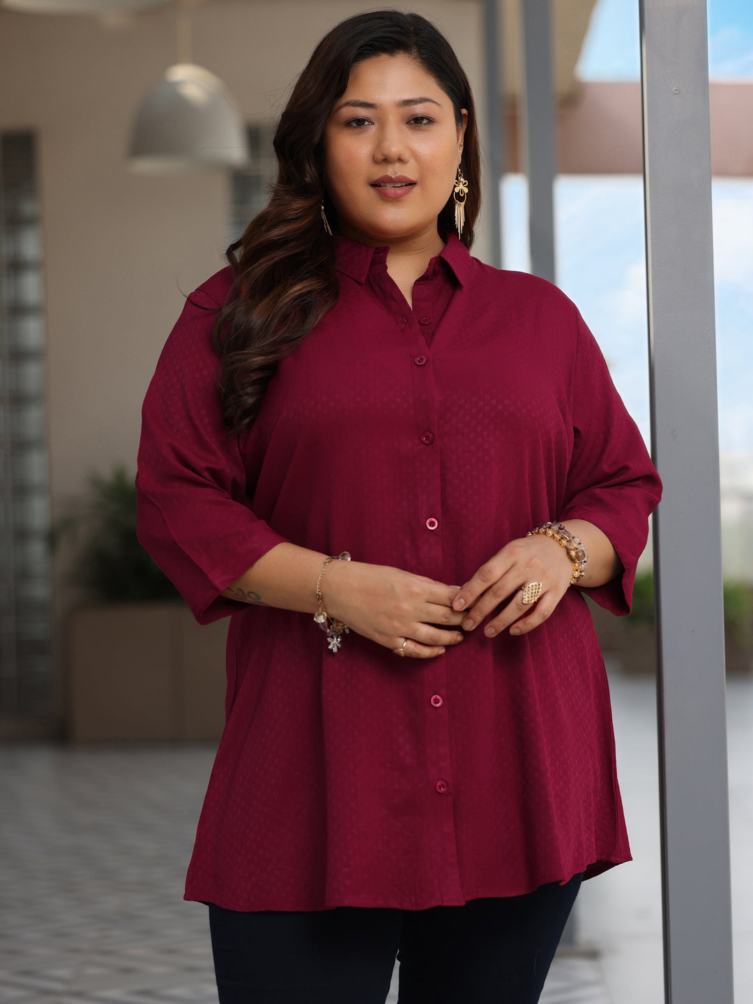 Plus Size Maroon Solid Rayon Straight Kurti