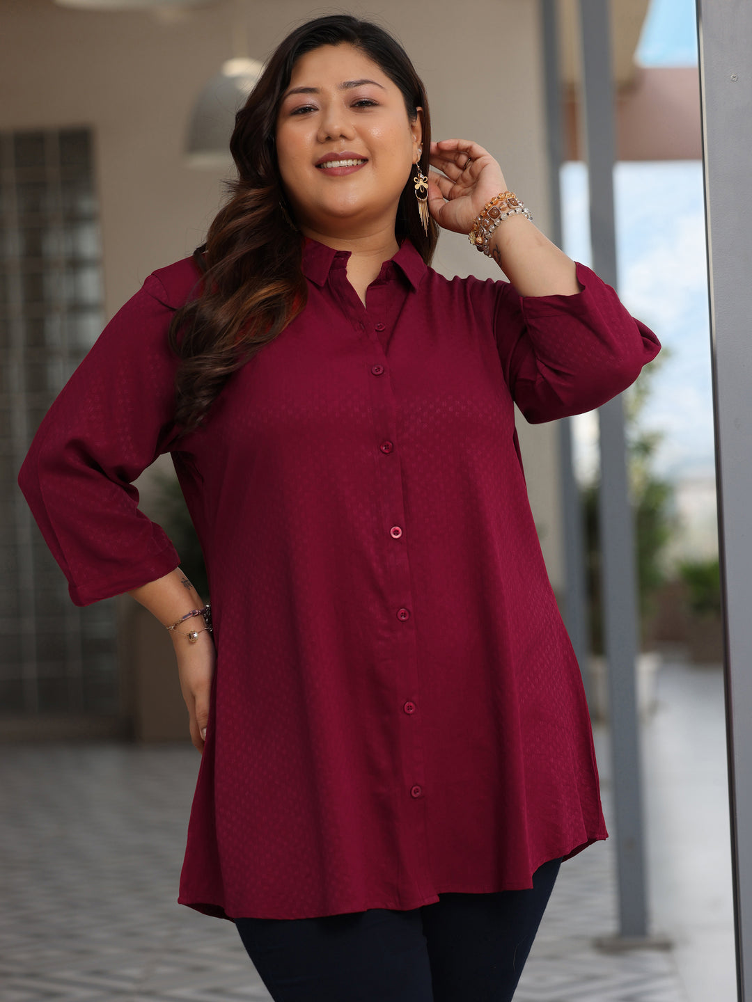 Plus Size Maroon Solid Rayon Straight Kurti