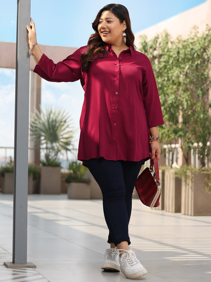 Plus Size Maroon Solid Rayon Straight Kurti