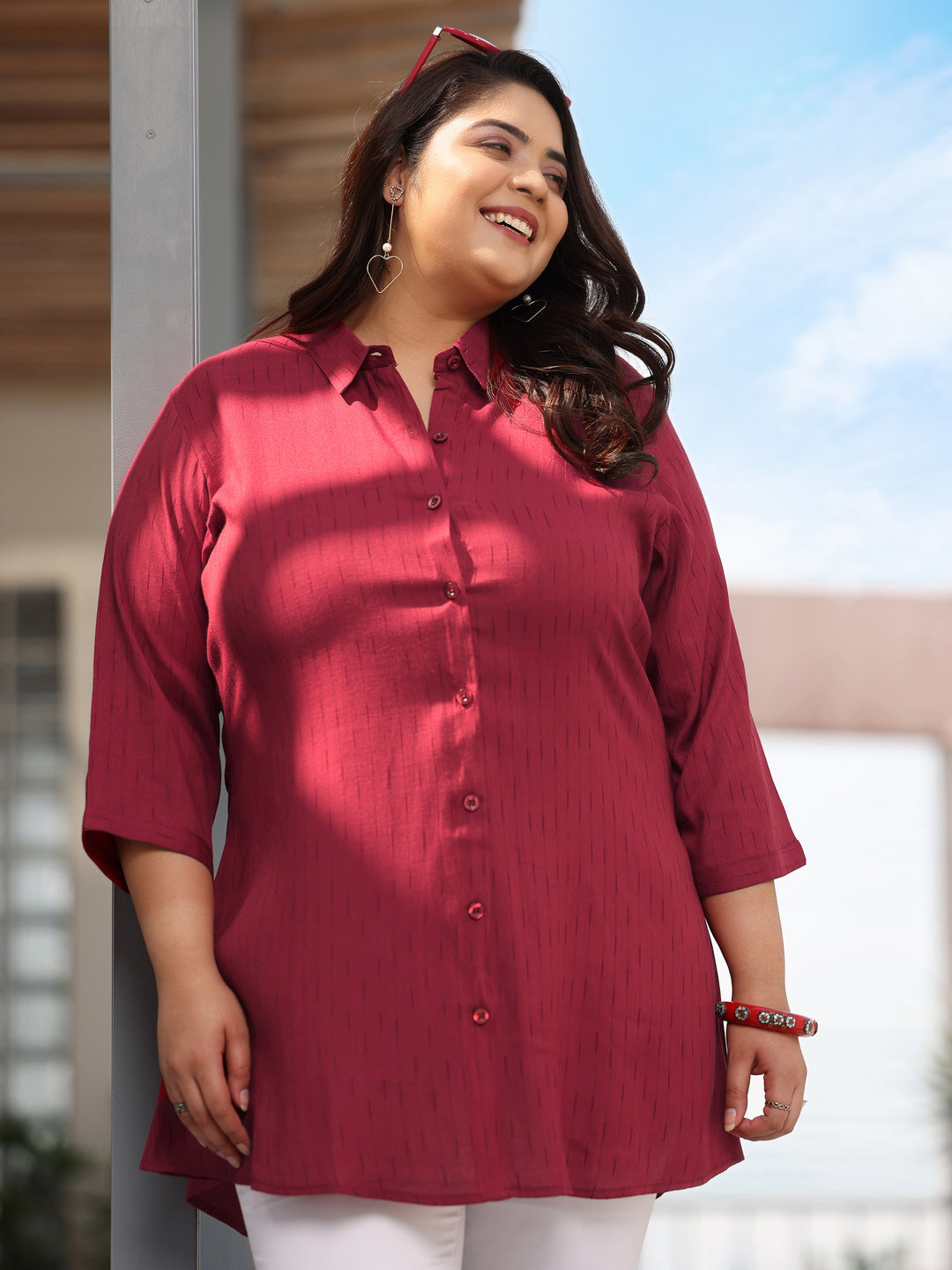 Plus Size Red Solid Rayon Straight Kurti