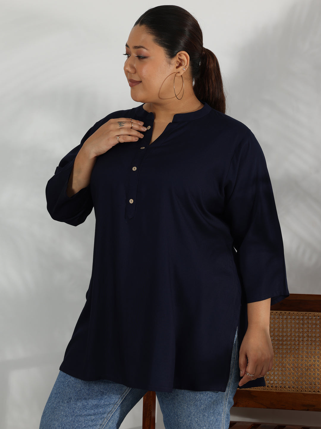 Plus Size Navy Blue Solid Rayon Straight Kurti