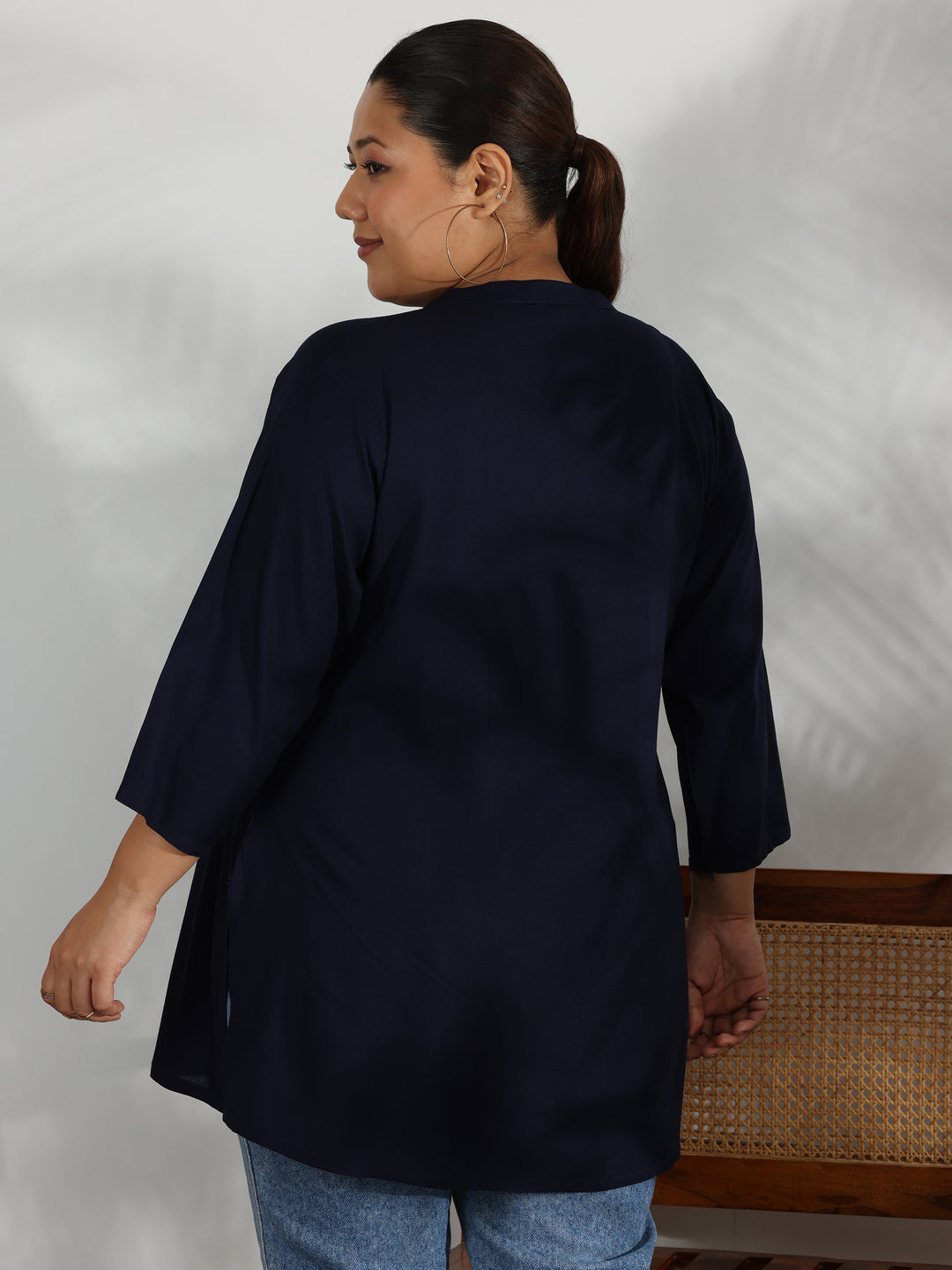 Plus Size Navy Blue Solid Rayon Straight Kurti