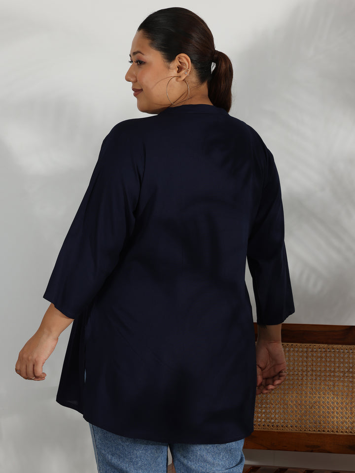 Plus Size Navy Blue Solid Rayon Straight Kurti