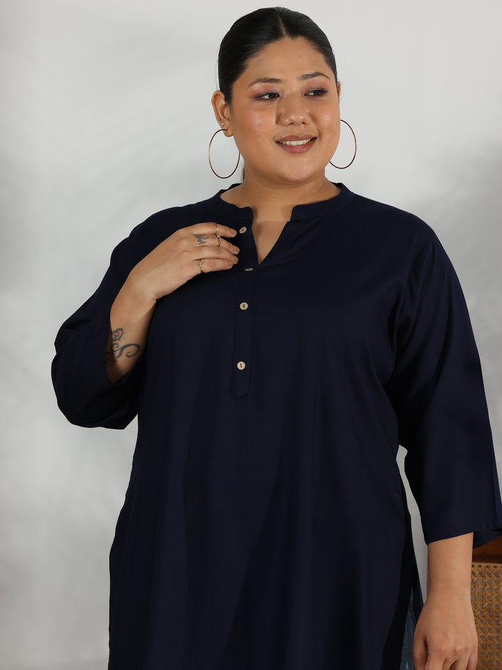 Plus Size Navy Blue Solid Rayon Straight Kurti