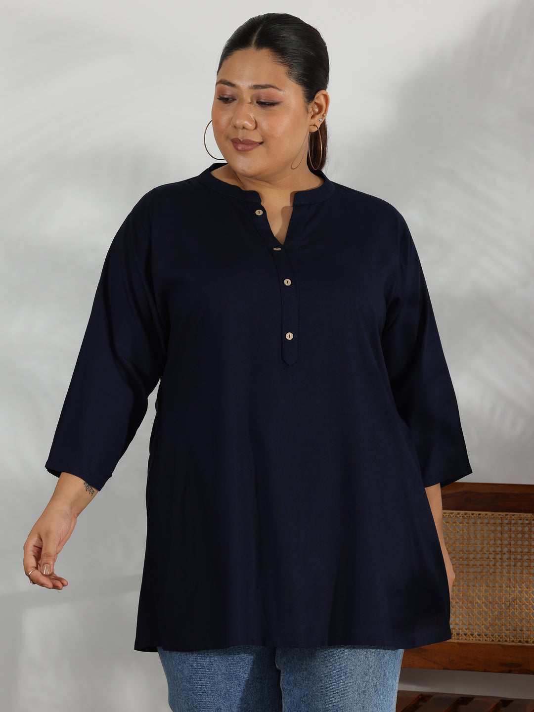 Plus Size Navy Blue Solid Rayon Straight Kurti
