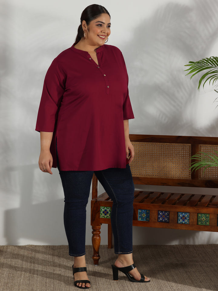 Plus Size Maroon Solid Rayon Straight Kurti