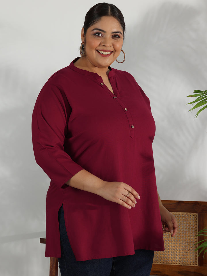Plus Size Maroon Solid Rayon Straight Kurti