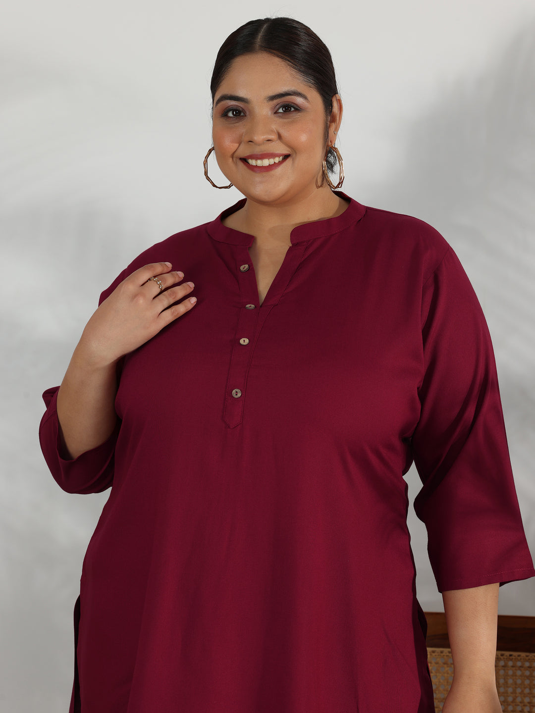 Plus Size Maroon Solid Rayon Straight Kurti