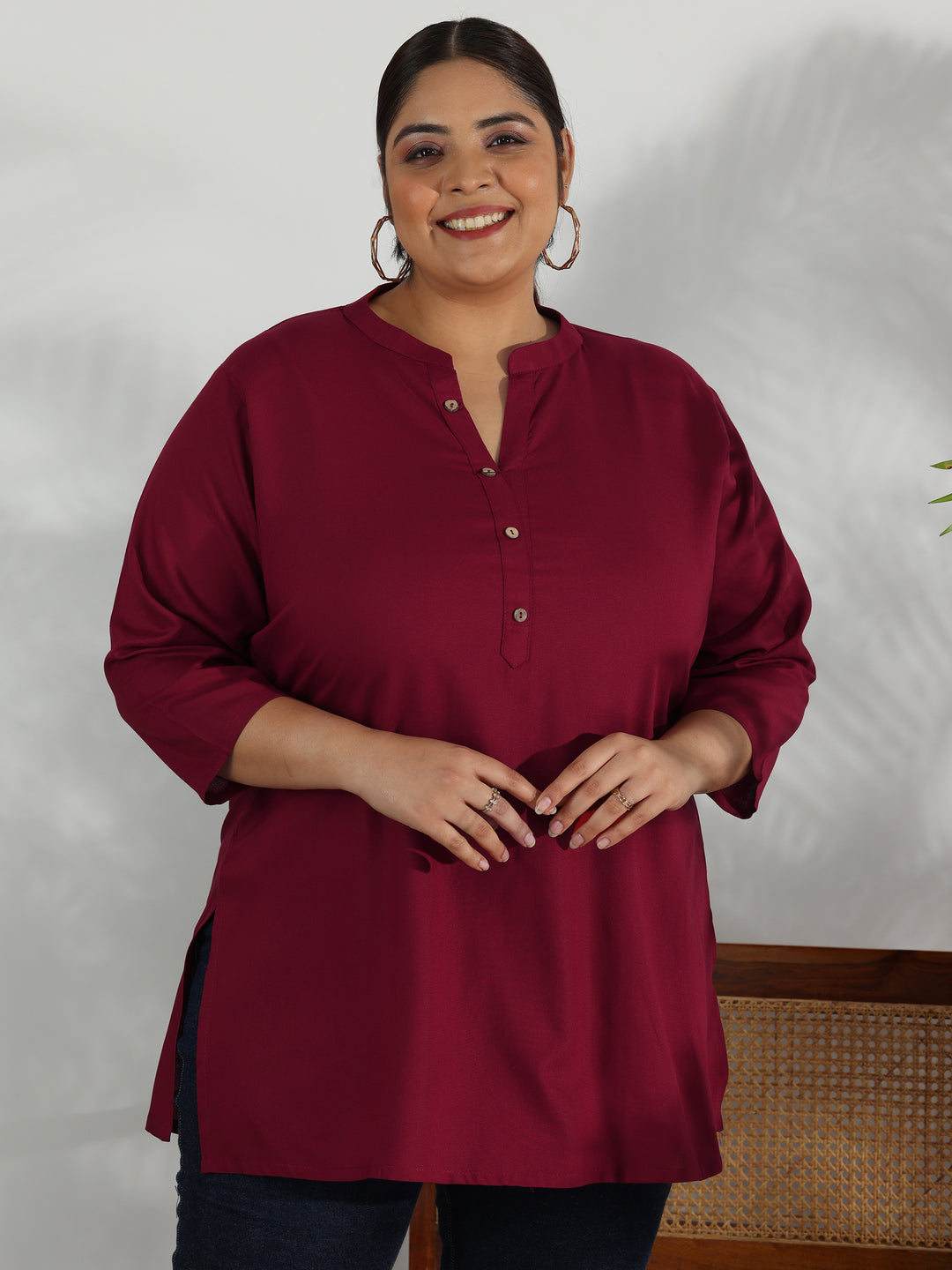 Plus Size Maroon Solid Rayon Straight Kurti