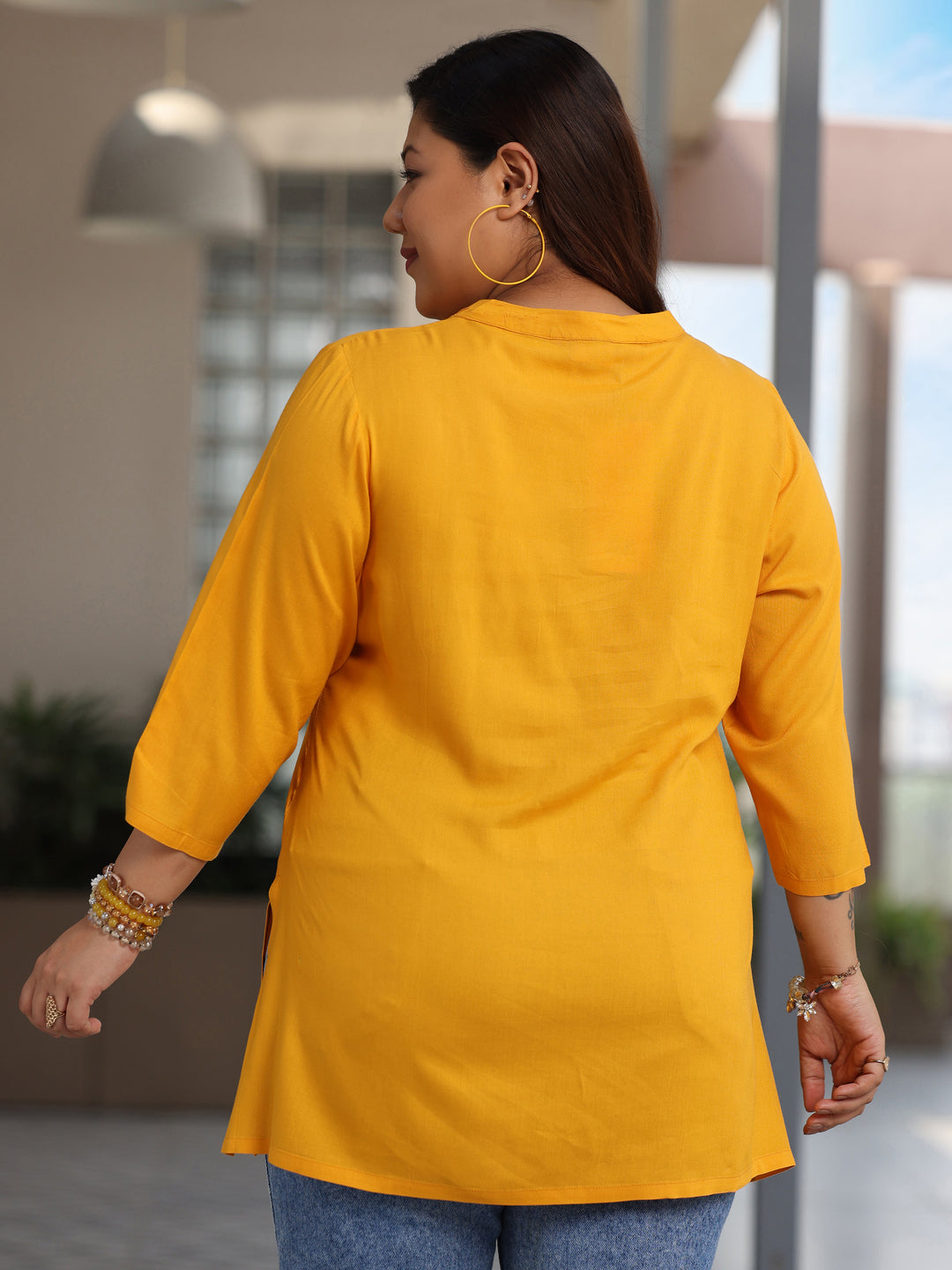 Plus Size Mustard Solid Rayon Straight Kurti