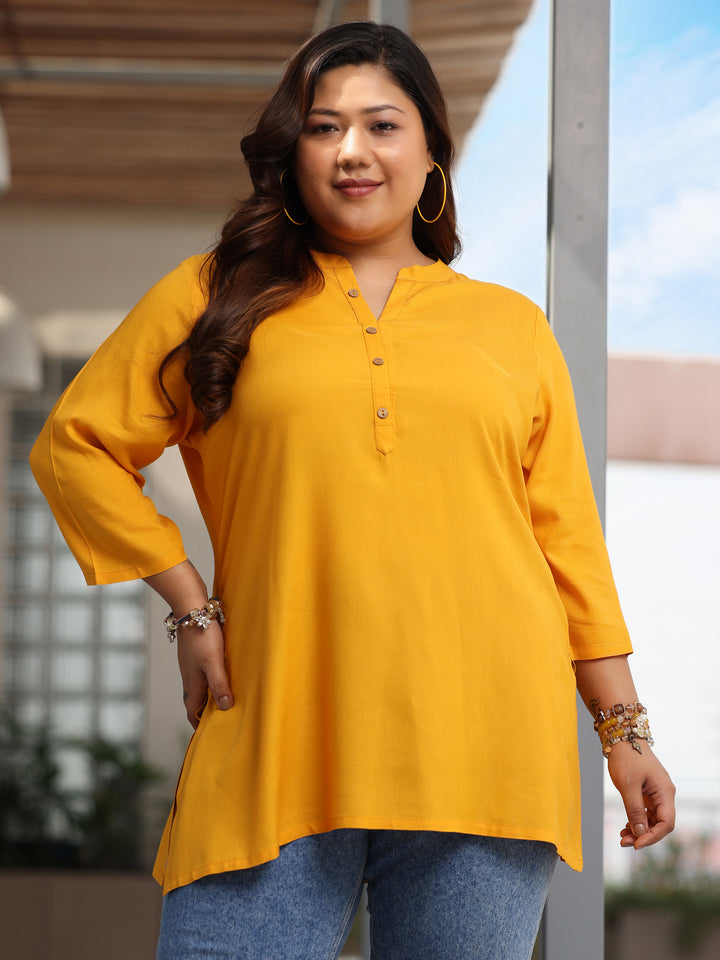Plus Size Mustard Solid Rayon Straight Kurti