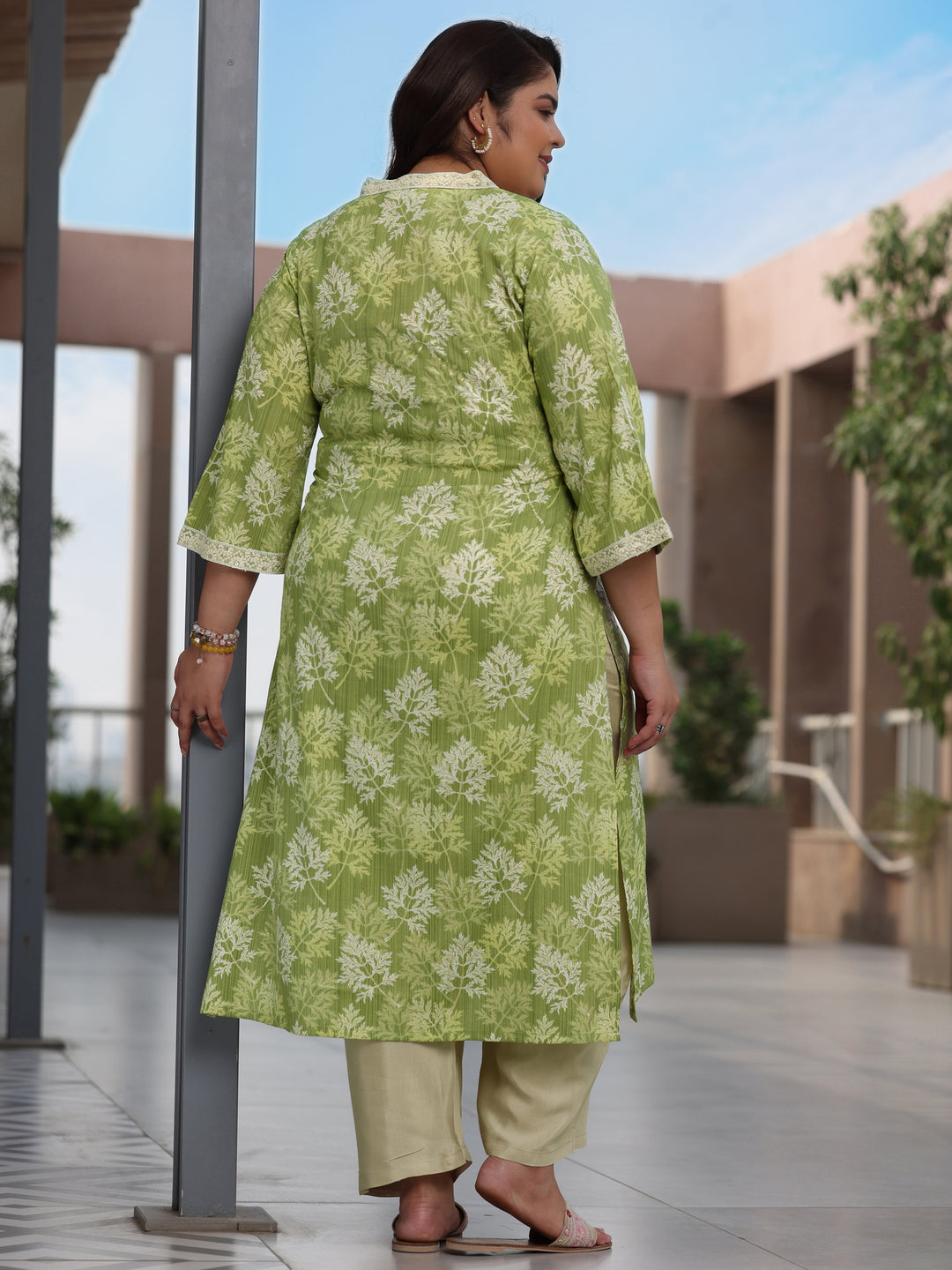 Plus Size Green Printed Cotton Straight Kurta