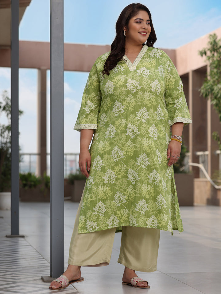 Plus Size Green Printed Cotton Straight Kurta