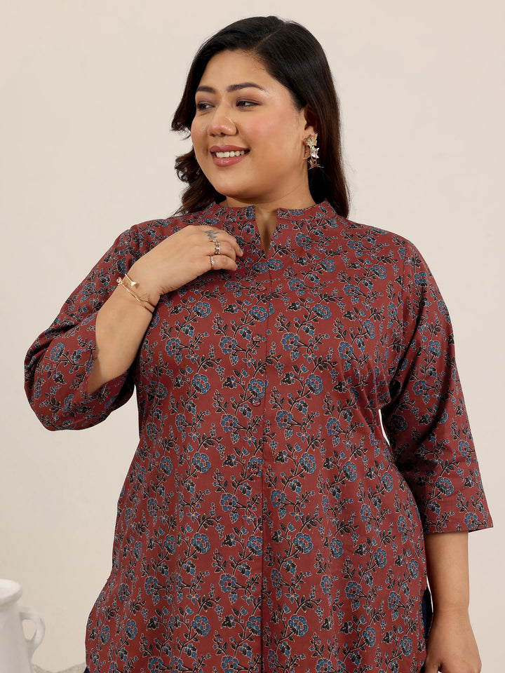 Plus Size Maroon Printed Cotton Straight Short Kurti