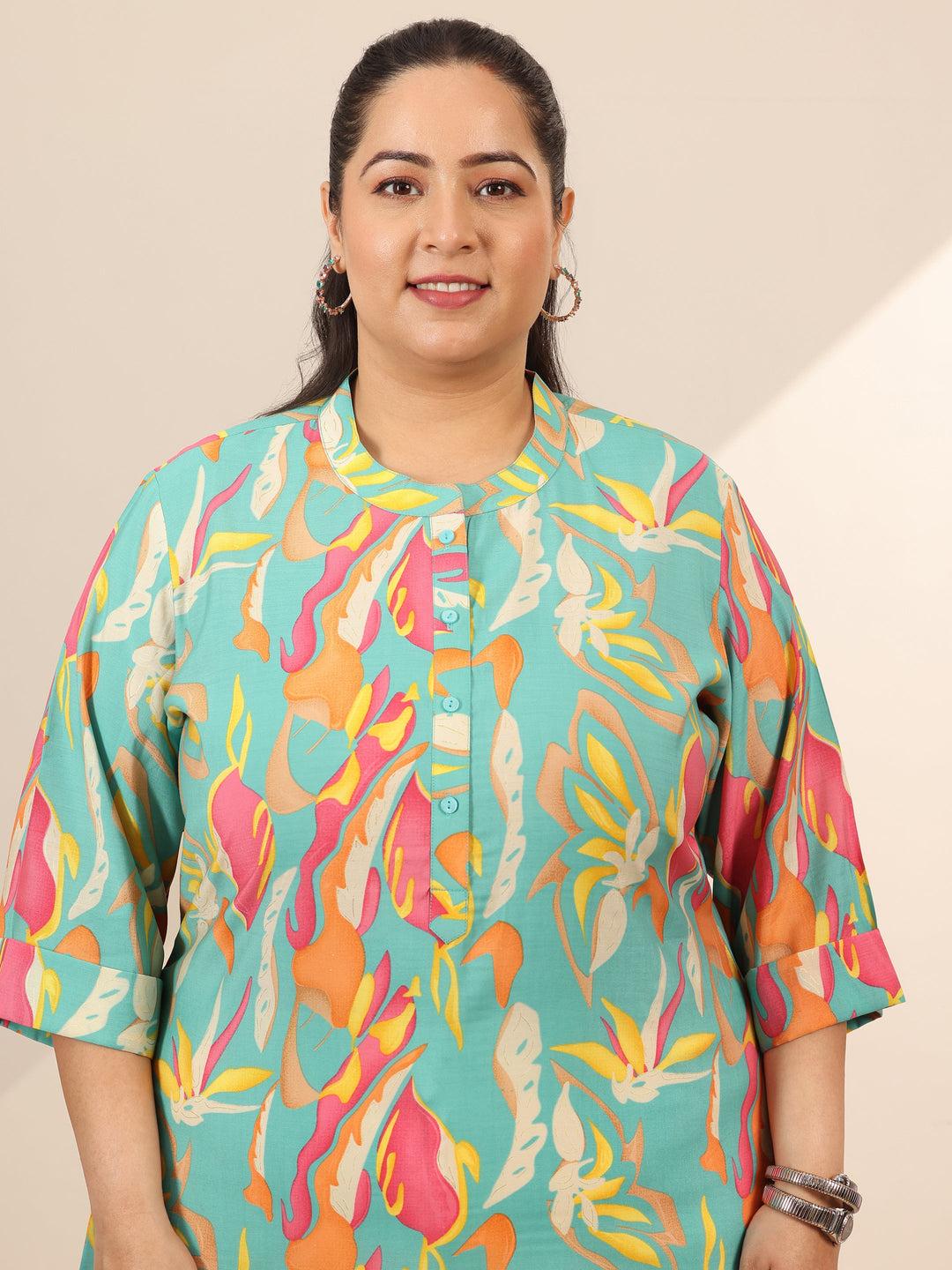 Plus Size Multi Printed Silk Blend Straight Short Kurti
