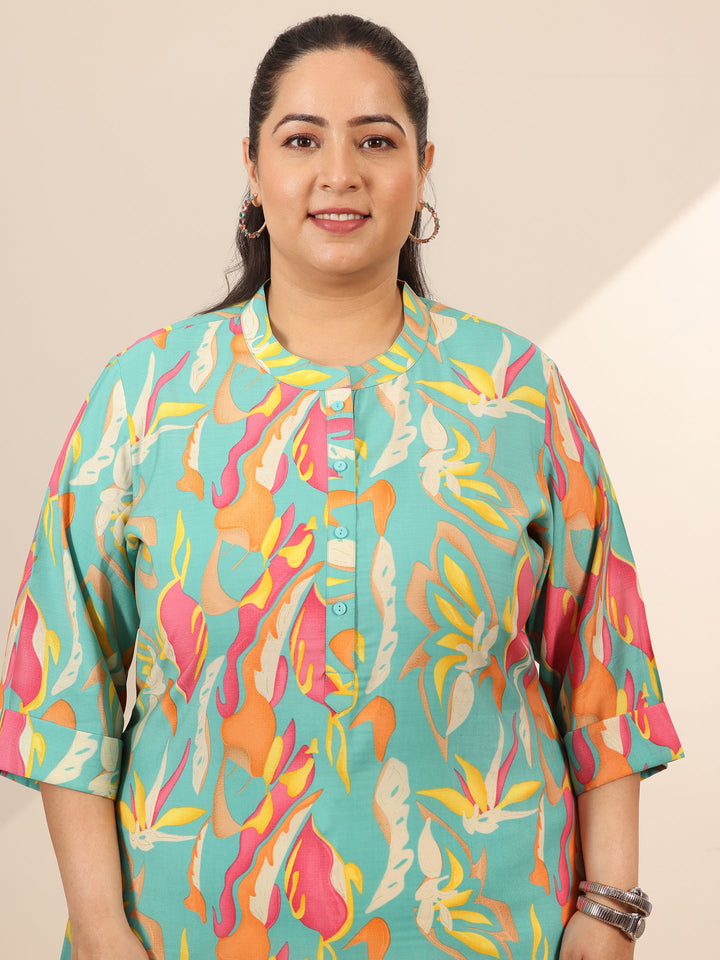 Plus Size Multi Printed Silk Blend Straight Short Kurti