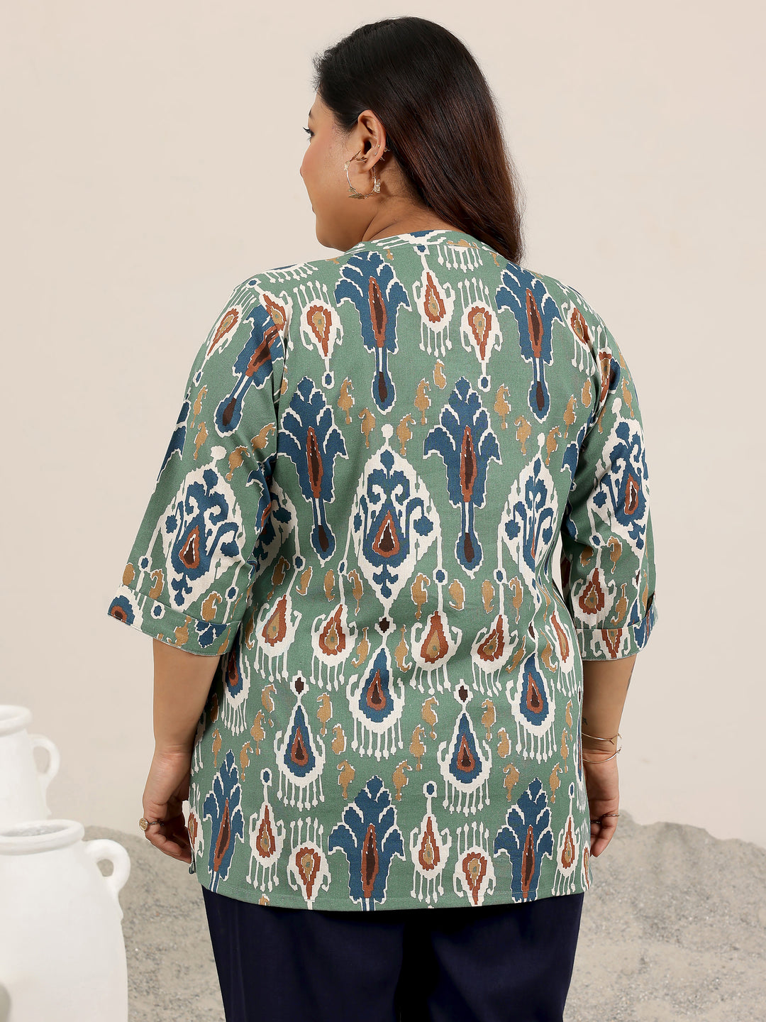 Plus Size Green Printed Cotton Straight Short Kurti