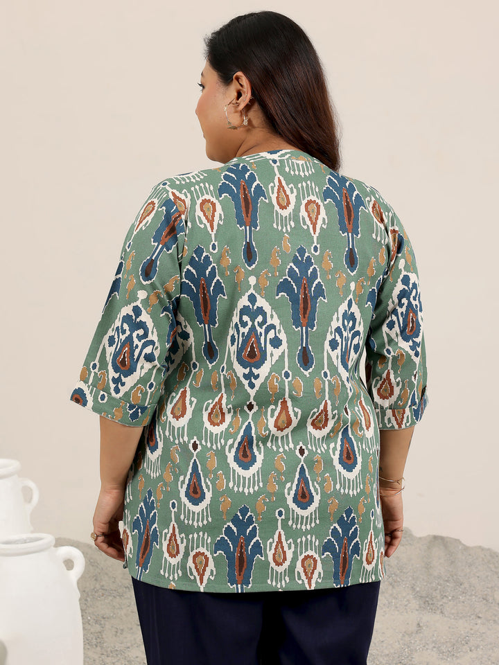 Plus Size Green Printed Cotton Straight Short Kurti