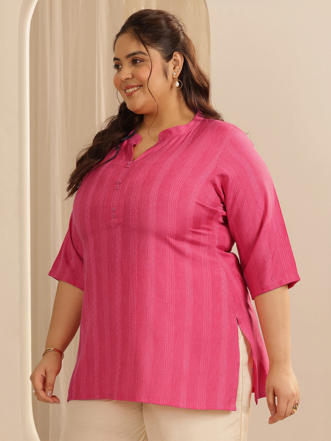 Plus Size Pink Woven Design Cotton Blend Straight Short Kurti