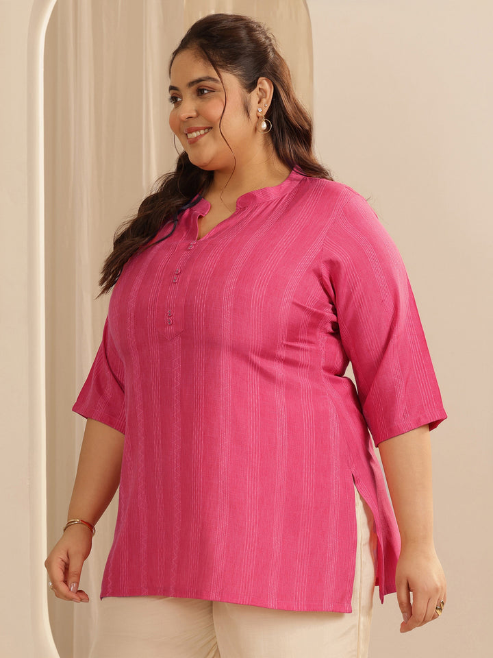 Plus Size Pink Woven Design Cotton Blend Straight Short Kurti