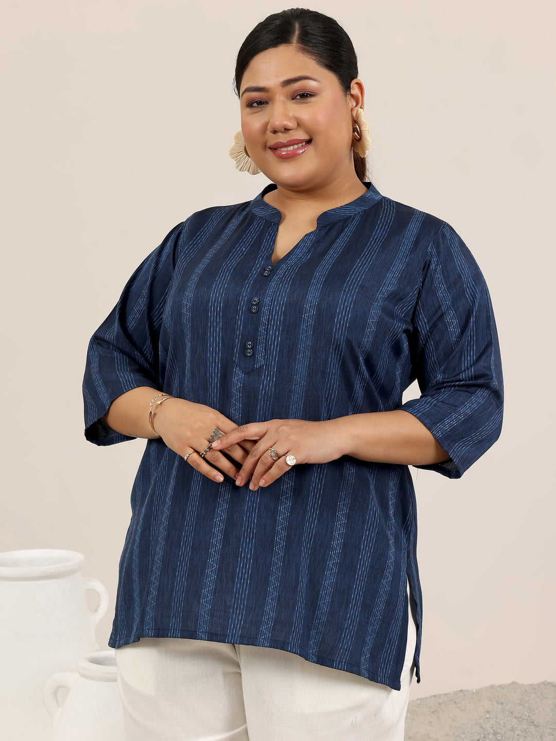 Plus Size Blue Woven Design Cotton Blend Straight Kurti
