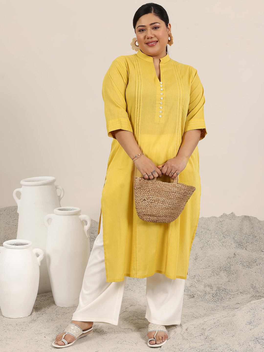 Plus Size Yellow Printed Cotton Kurta