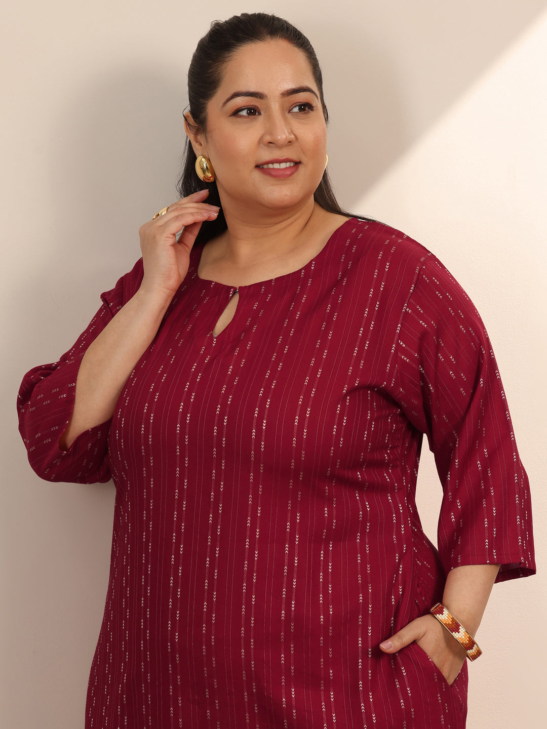 Plus Size Red Woven Design Viscose Rayon Straight Kurta