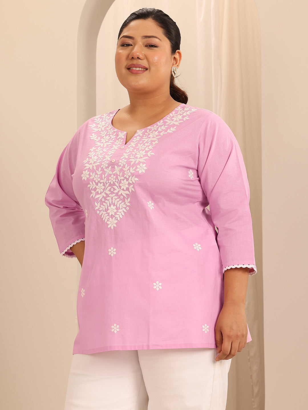 Plus Size Pink Embroidered Cotton Straight Short Kurti