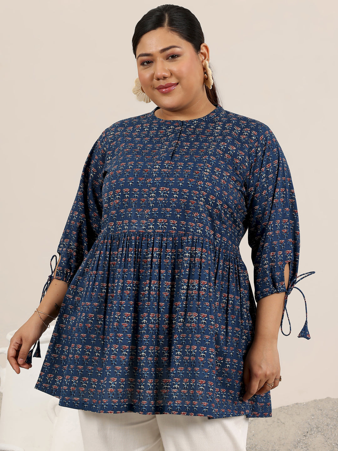 Plus Size Blue Printed Cotton Kurti