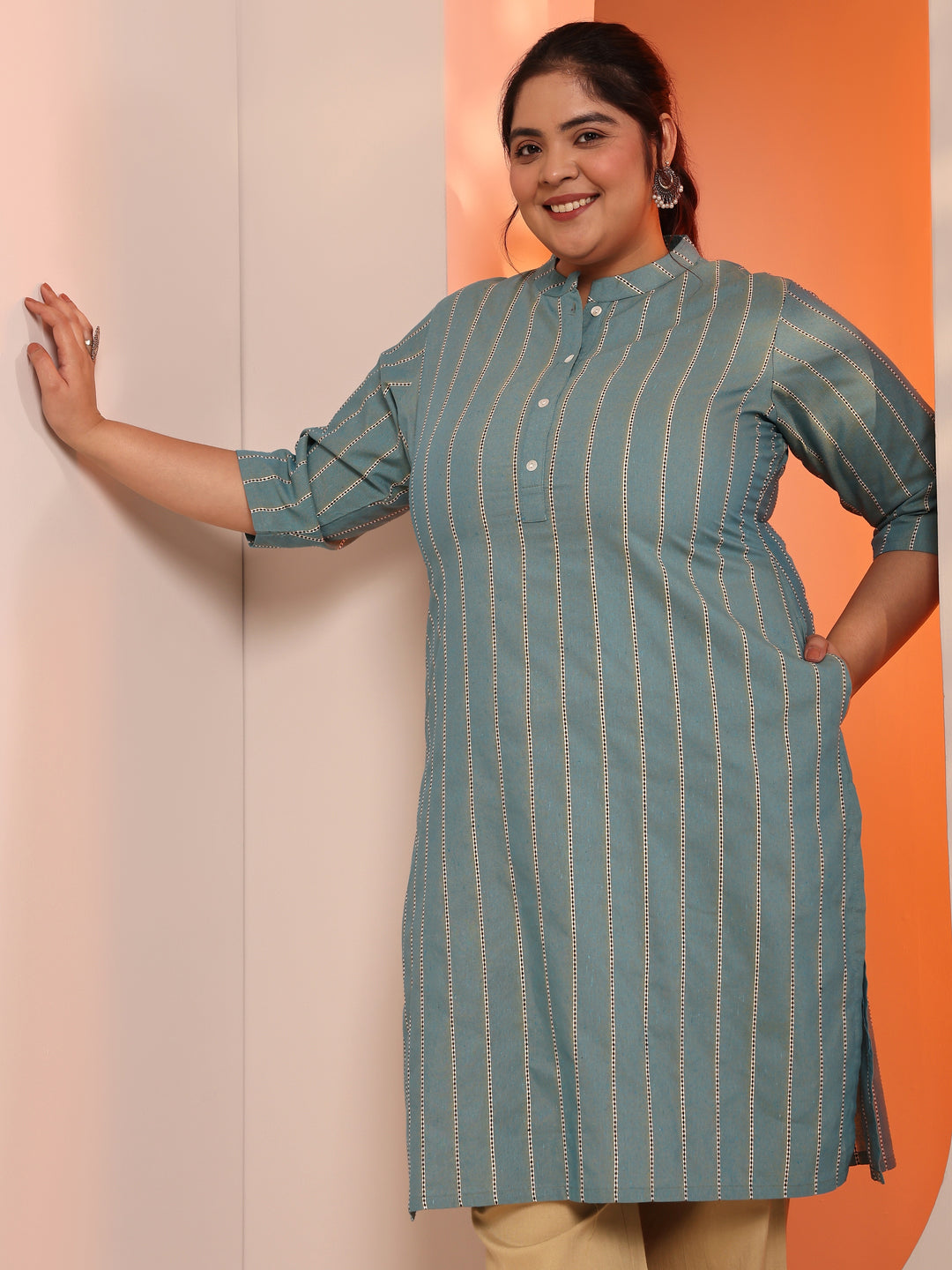 Plus Size Blue Woven Design Cotton Blend Straight Kurta