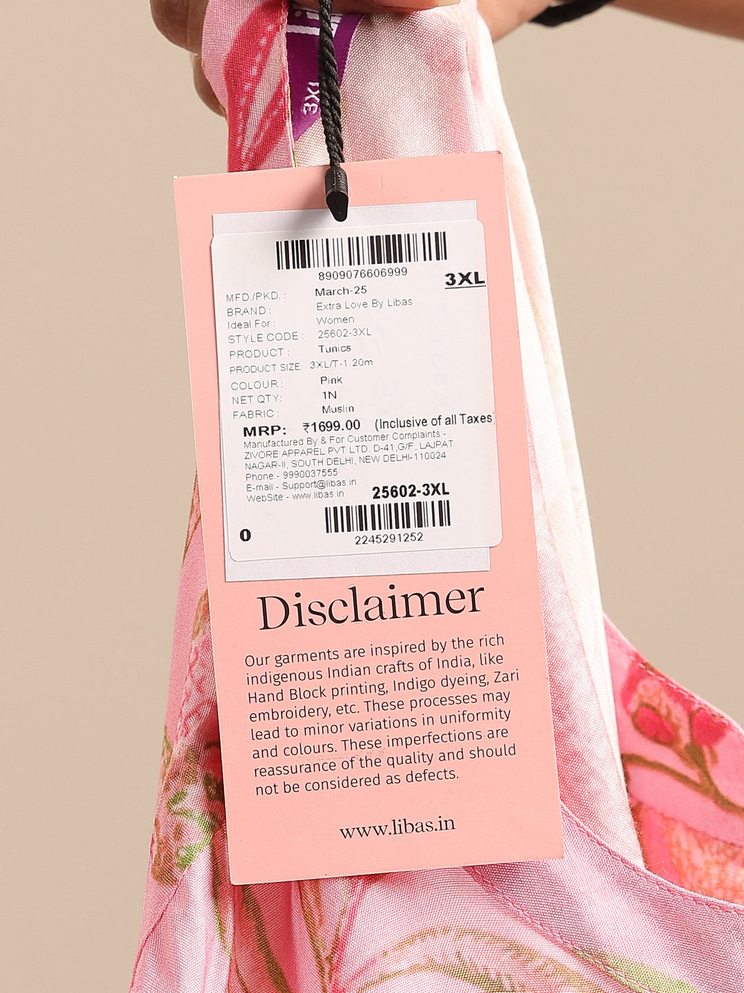 Plus Size Pink Printed Muslin Straight Tunic