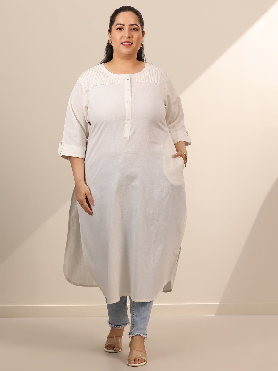 Plus Size White Solid Cotton Blend Straight Kurta