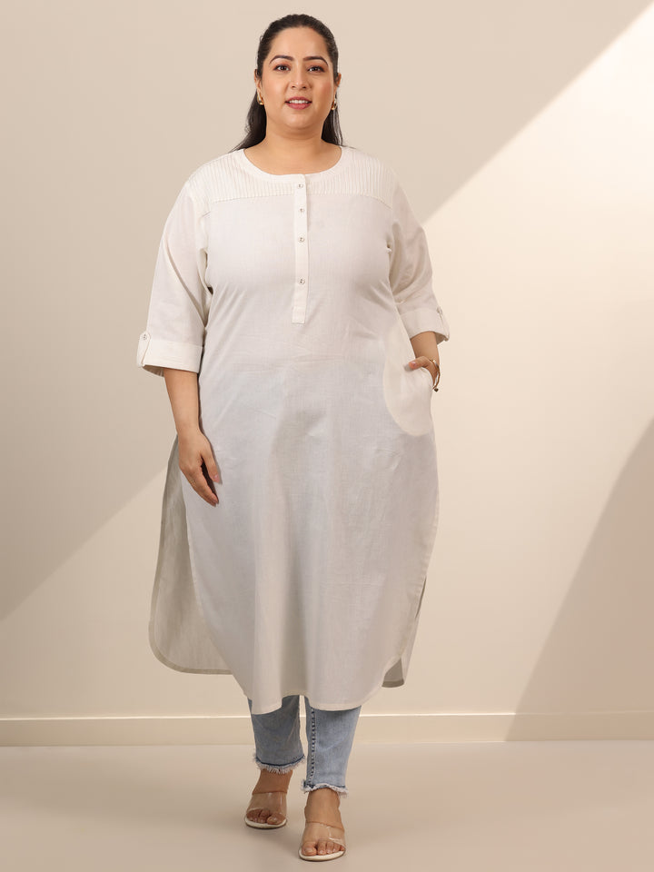 Plus Size White Solid Cotton Blend Straight Kurta