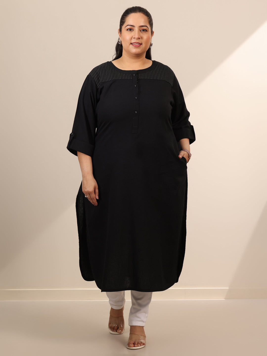 Plus Size Black Solid Cotton Blend Straight Kurta