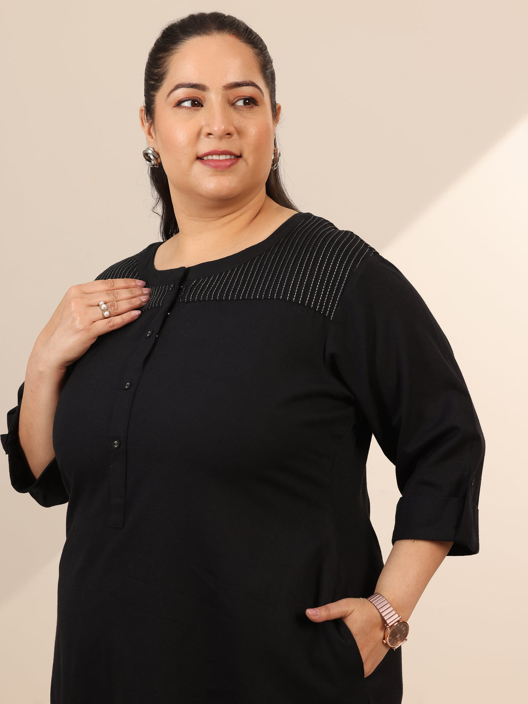 Plus Size Black Solid Cotton Blend Straight Kurta