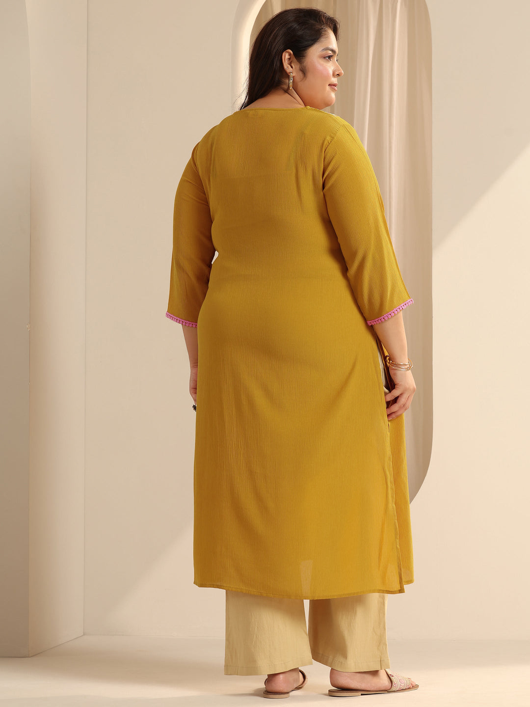 Mustard Yoke Design Silk blend Straight Kurta