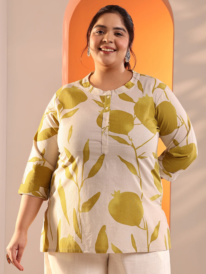Plus Size Off White Printed Cotton Straight Short Kurti