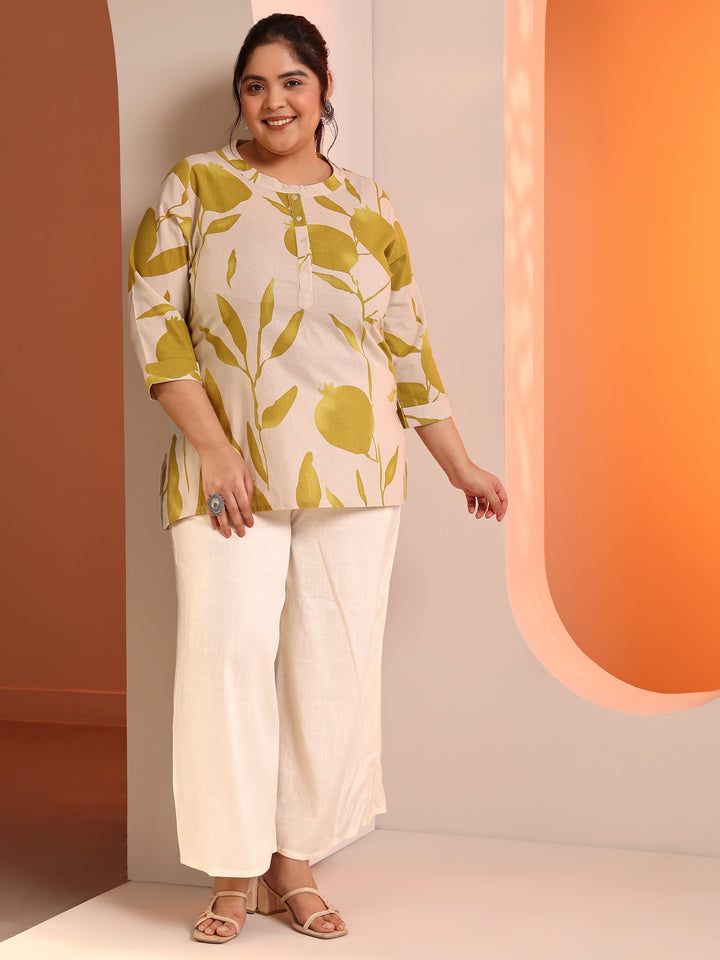 Plus Size Off White Printed Cotton Straight Short Kurti