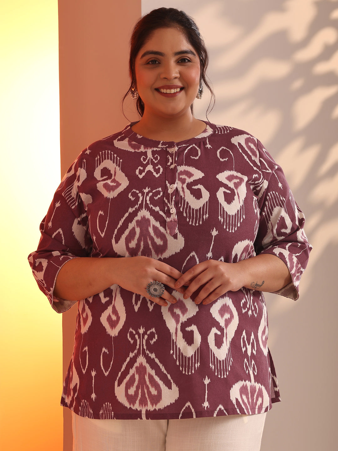 Plus Size Rust Printed Cotton Straight Short Kurti
