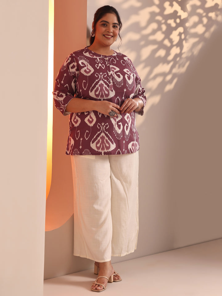 Plus Size Rust Printed Cotton Straight Short Kurti