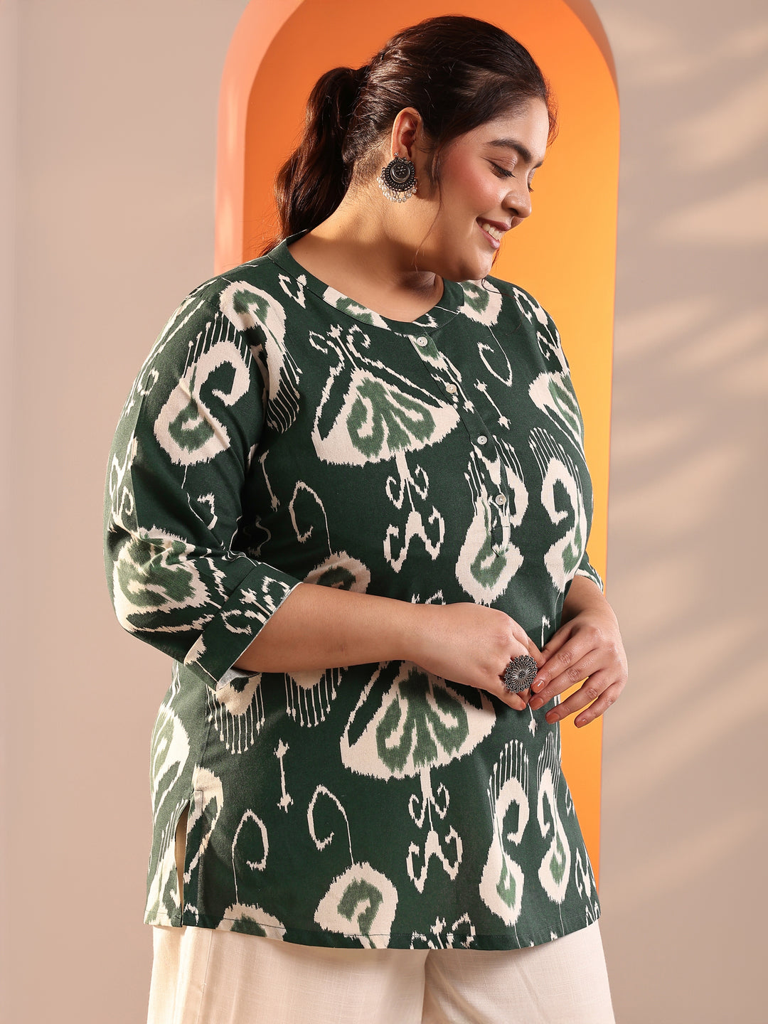 Plus Size Green Printed Cotton Straight Short Kurti