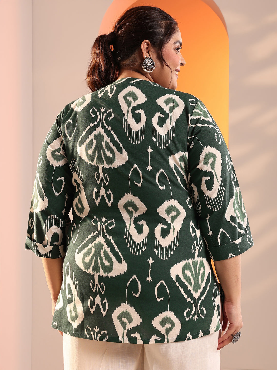Plus Size Green Printed Cotton Straight Short Kurti